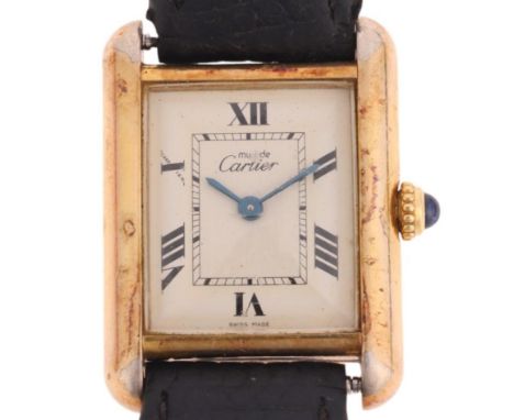 MUST DE CARTIER - a mid-size vermeil sterling silver Tank quartz wristwatch, ref. 2415, circa 2001, white CC monogram logo di