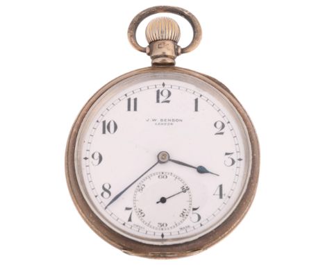 J W BENSON - an early 20th century silver open-face keyless pocket watch, white enamel dial with black Arabic numerals, blued