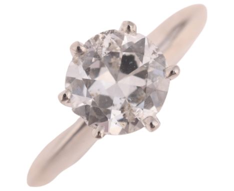 A platinum 1.4ct single stone diamond ring, claw set with 1.4ct natural old transitional round-cut diamond, colour approx G/H