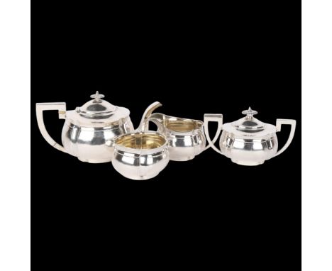A Chinese export silver 4-piece tea set, Hung Chong, Hong Kong circa 1900, comprising teapot, 2-handled tea caddy, sugar bowl