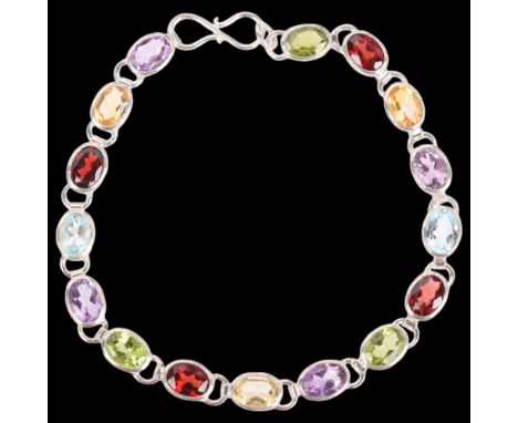 A sterling silver gem set tennis line bracelet, gemstones include amethyst citrine garnet blue topaz and peridot, 18cm, 9.4g 