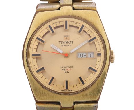 TISSOT - a gold plated stainless steel PR516 automatic calendar bracelet watch, ref. 46672-2X, circa 1970s, champagne dial wi