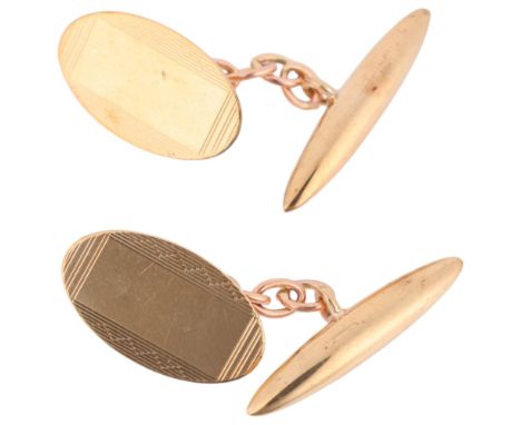 A pair of 9ct gold oval cufflinks, maker HG&S, Birmingham 1962, engine turned decoration with torpedo back panels, 18.6mm, 4g