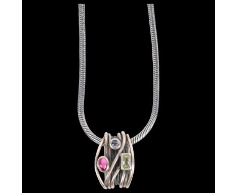 A Danish modernist sterling silver gem set abstract pendant necklace, maker RA, on sterling snake link chain, pendant 21.7mm,