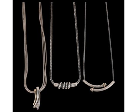 3 Danish sterling silver pendant necklaces, makers include Jens Ove Pedersen, largest pendant 34.5mm, 38.6g total (3) . Condi