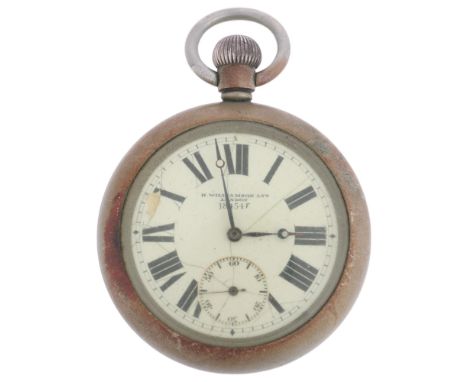 A First World War Period British Military Issue open-face keyless pocket watch, white enamel dial with Roman numeral hour mar