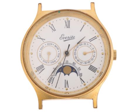 EVERITE - a Vintage gold plated stainless steel moonphase quartz calendar wristwatch head, white dial with Roman numeral hour