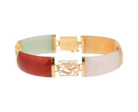 A Chinese 14ct gold jade 'Dragon' panel bracelet, maker WW, import hallmarks Birmingham 1998, set with polished curved hardst
