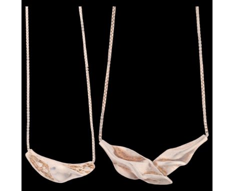 2 Danish Brutalist sterling silver abstract pendant necklaces, makers include Niels Erik From, abstract fold form on sterling