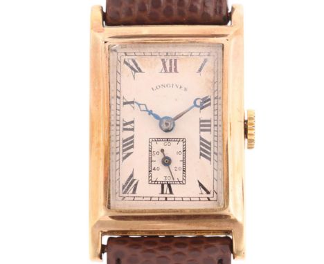 LONGINES - an Art Deco 9ct gold mechanical wristwatch, circa 1930s, silvered dial with black Roman numeral hour markers, blue