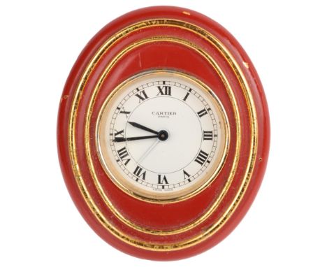 CARTIER - a Vintage gilt-brass desk alarm clock, ref. 7511, circa 1990s, white dial with Roman numeral hour markers, sword ha