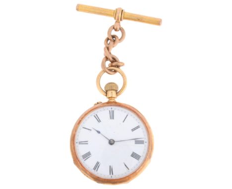 An Antique 18ct gold open-face keyless fob watch, white enamel dial with black Roman numeral hour markers, blued steel spade 