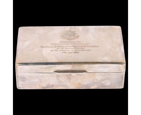 An Elizabeth II silver cigarette box, Deakin &amp; Francis, Birmingham 1964, rectangular form with dome lid, having military 