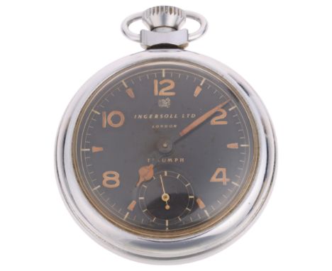 INGERSOLL - an Antique chrome plated open-face keyless Triumph Coronation Edition pocket watch, black dial with eighthly Arab