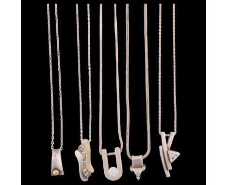 5 Danish sterling silver stone set pendant necklaces, makers include Guld Og Solv Design, largest pendant 26.4mm, 27.5g total