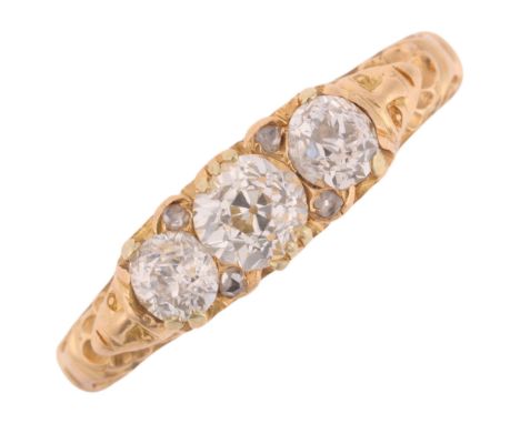 An Antique 18ct gold three stone diamond half hoop ring, set with old European-cut diamonds with rose-cut diamond accents and