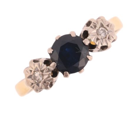An 18ct gold three stone sapphire and diamond ring, maker HS, Birmingham 1972, set with round-cut sapphire and illusion set s