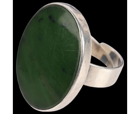 NIELS ERIK FROM - a Danish modernist sterling silver nephrite panel ring, plain form set with oval low cabochon nephrite and 