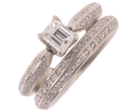 A platinum diamond bridal engagement set, comprising 0.6ct emerald-cut diamond single-stone ring, and a diamond half eternity