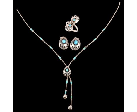 ANDREW JOHNSON - a Native American Navajo sterling silver turquoise 'Bear Paw Print' demi-parure, comprising pendant necklace