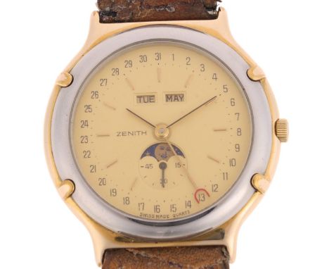 ZENITH - a gold plated stainless steel Academy Triple Calendar Moonphase quartz wristwatch, ref. 19.0090.392, champagne dial 