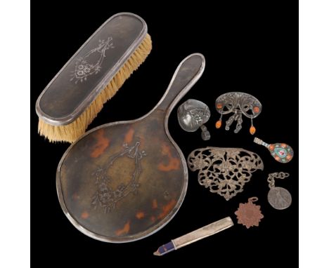 Various silver, including tortoiseshell 2-piece dressing table set (A/F), baby's rattle, amber brooch, etc . Condition Report