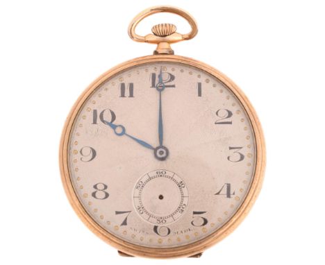 A gold plated open-face keyless pocket watch, silvered engine turned sunburst dial with black Arabic numerals, blued steel br