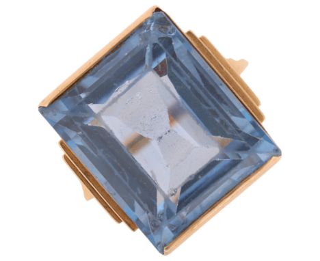 A Swedish 18ct gold blue topaz dress ring, set with rectangular step-cut topaz, setting height 16.8mm, size M/N, 10g . Condit