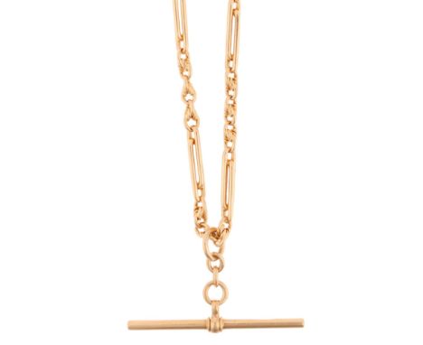 An Antique 18ct gold fetter link Albert chain necklace, by JW Benson Ltd, London 1924, with 18ct slider T-bar, 18ct spring bo