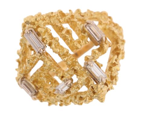 A 1970s 18ct gold diamond brutalist dress ring, of pyramid design with openwork naturalistic textured settings, set with bagu