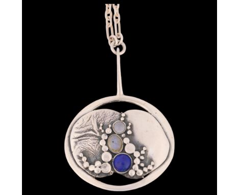 VALDRES SOLVSMIE - a Norwegian brutalist sterling silver gem set abstract pendant necklace, gemstones include lapis lazuli an