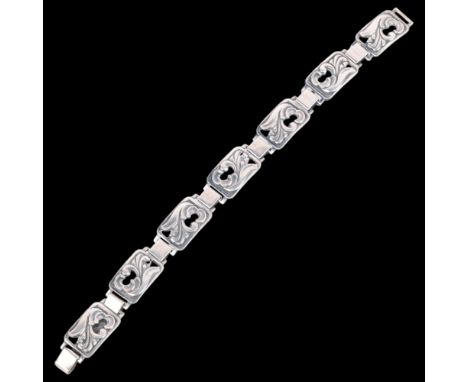 EILER & MARLOE - an Art Deco Danish silver floral panel bracelet, model no. 122, band width 12.8mm, 18cm, 31g . Condition Rep