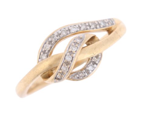A 9ct gold diamond crossover ring, set with single-cut diamonds, setting height 8.2mm, size K, 1.9g . Condition Report: No da