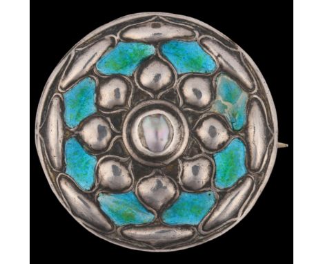 An Arts and Crafts Edwardian silver blister pearl and peacock enamel brooch, William Hair Haseler, Birmingham 1909, circular 