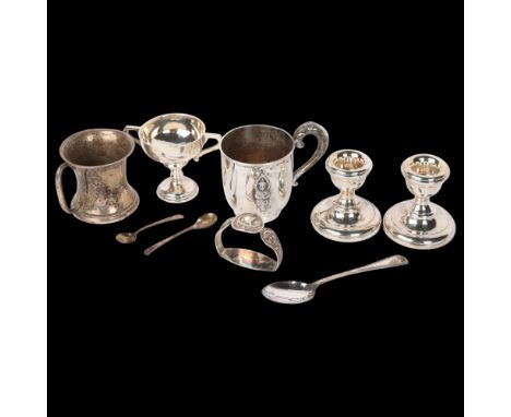 Various silver, including christening mugs, Viking ship napkin ring, pair of squat candlesticks, etc, 6.3oz weighable . Condi