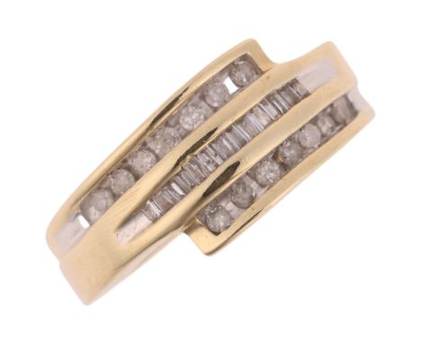 A 9ct gold diamond triple-row band ring, channel set with baguette and single-cut diamonds, total diamond content approx 0.25