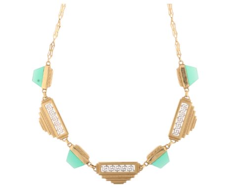 A Greek 18ct chrysoprase fringe necklace, with pierced Greek Key decoration, 40cm, 9.4g . Condition Report: No damage or repa