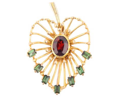 A 9ct gold garnet and green tourmaline leaf brooch, maker AD, London 1955, the stylised leaf design rub-over set with oval mi