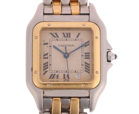CARTIER - a Vintage bi-metal Panthere quartz calendar watch, ref. 183949, circa 1987, silvered dial with black Arabic numeral