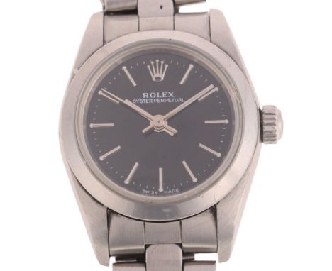 ROLEX - a lady's stainless steel Oyster Perpetual automatic bracelet watch, ref. 76080, circa 1999, black dial with applied p
