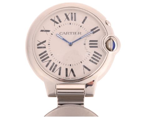 CARTIER - a chrome Ballon Bleu quartz travel alarm clock, ref. 3038, white dial with Roman numeral hour markers having secret