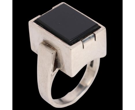 SVEN HAUGAARD - a Danish modernist sterling silver onyx geometric ring, plain rectangular form with flat-top onyx, setting he
