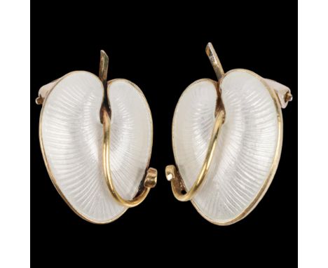 VOLMER BAHNER - a pair of Danish modernist sterling silver-gilt white enamel leaf clip-on earrings, 21.6mm, 6.9g . Condition 