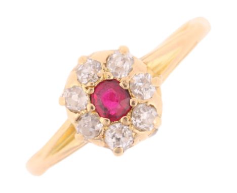 An Antique 18ct gold ruby and diamond cluster ring, set with round-cut ruby and old-cut diamonds, unmarked mount tests as 18c