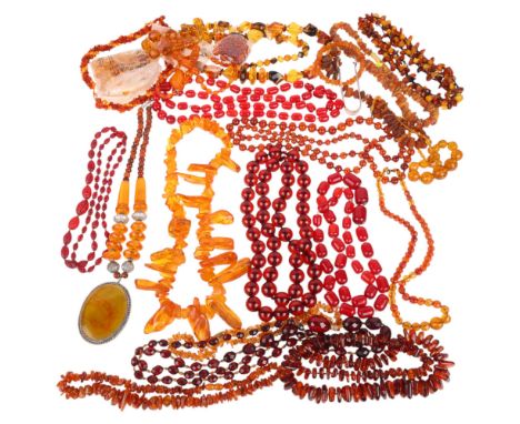 A quantity of amber, cherry amber and Bakelite bead necklaces . Condition Report: Lot sold as seen unless specific item(s) re