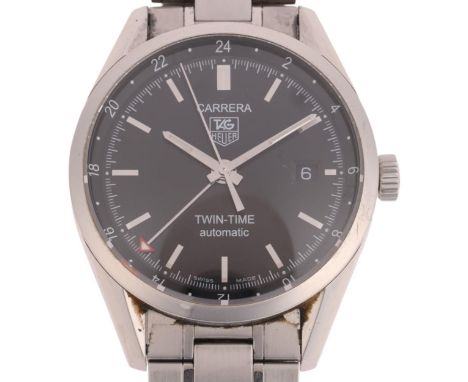 TAG HEUER - a stainless steel Carrera Twin-Time automatic calendar bracelet watch, ref. WV2115-0, black dial with polished ba