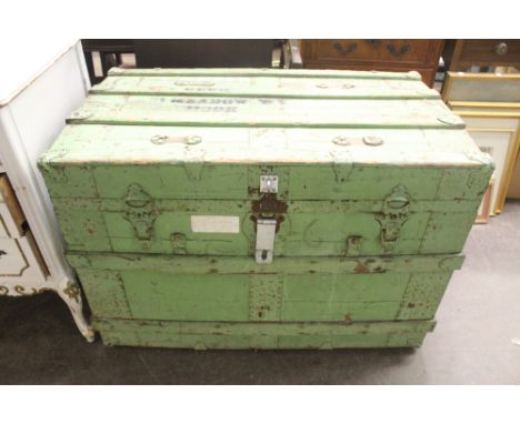 A vintage green painted wooden battened trunk, 92cm wide