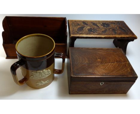 A Royal Doulton stoneware harvest three handled cup or tyg, 17cm high, a George III mahogany boxwood strung tea caddy, a smal