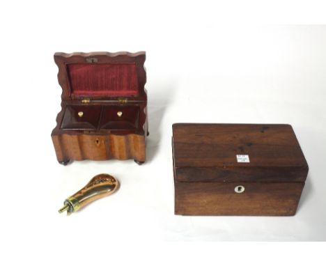 An early Victorian mahogany tea caddy of shaped outline, 16.5cm wide, an early 19th century rosewood rectangular tea caddy an