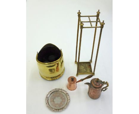 A reproduction Victorian style brass four-division stick stand, 17.5cm square, a brass coal scuttle, Victorian copper saucepa